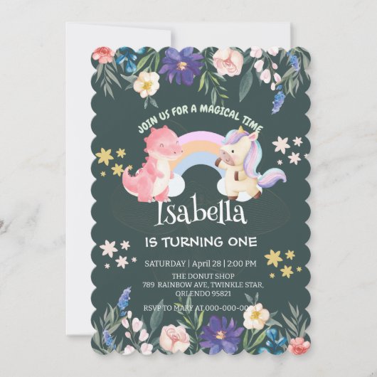 Schattigee Dinosaurus Eenhoorn regenboog Bloemen V Kaart (Voorkant)