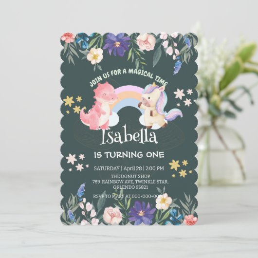 Schattigee Dinosaurus Eenhoorn regenboog Bloemen V Kaart (Staand voorkant)