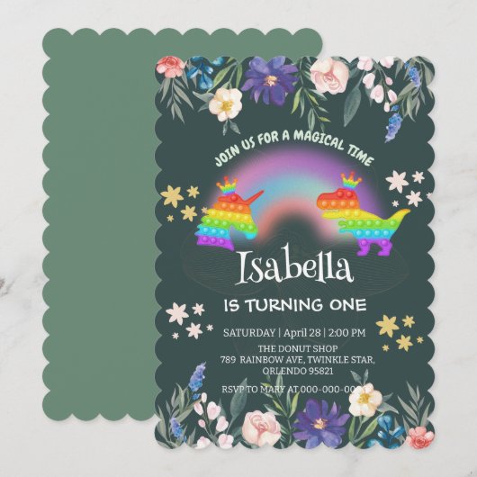 Schattigee Dinosaurus Eenhoorn regenboog Bloemen V Kaart (Voorkant / Achterkant)