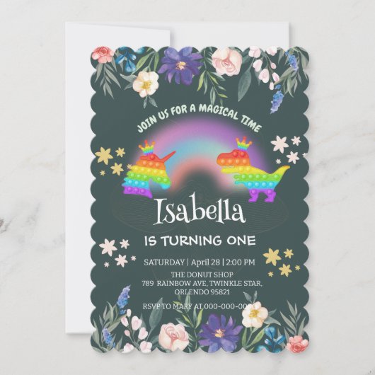 Schattigee Dinosaurus Eenhoorn regenboog Bloemen V Kaart (Voorkant)