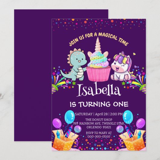 Schattigee Dinosaurus Eenhoorn regenboog cupcake b Kaart (Voorkant / Achterkant)