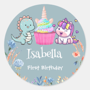 Schattigee Dinosaurus Eenhoorn regenboog cupcake b Ronde Sticker