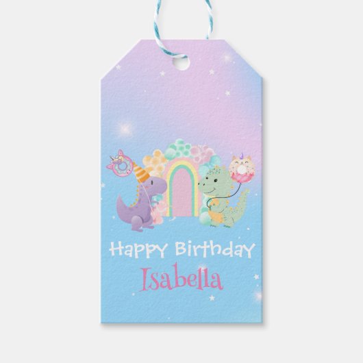 Schattigee Dinosaurus Eenhoorn Regenboogballon Ver Cadeaulabel (Voorkant)