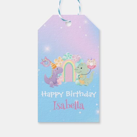 Schattigee Dinosaurus Eenhoorn Regenboogballon Ver Cadeaulabel (Achterkant)