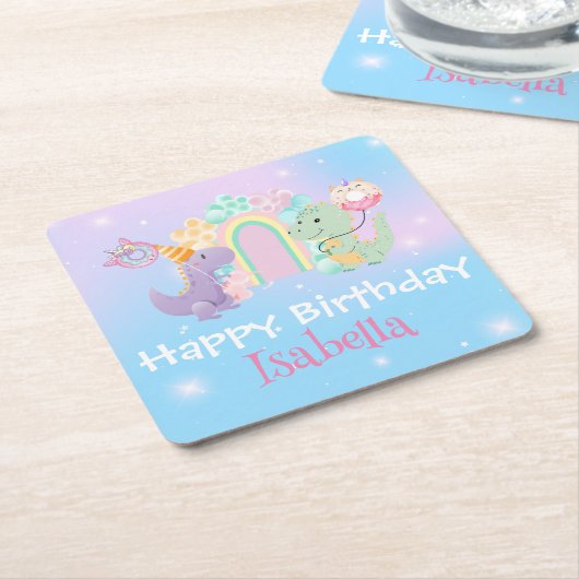 Schattigee Dinosaurus Eenhoorn Regenboogballon Ver Kartonnen Onderzetters (Schuin)