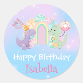 Schattigee Dinosaurus Eenhoorn Regenboogballon Ver Ronde Sticker