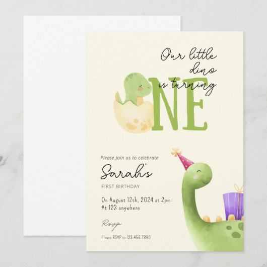 Schattigee dinosaurus eerste verjaardag kaart (Voorkant / Achterkant)