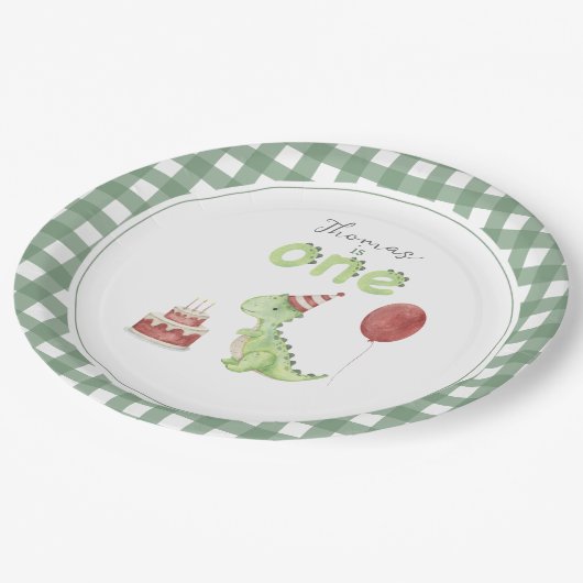 Schattigee dinosaurus eerste verjaardag papieren bordje (Gekanteld)