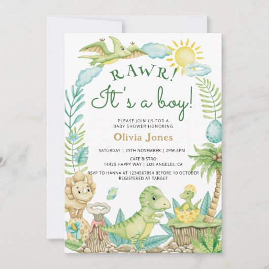 Schattigee Dinosaurus Ei Waterverf Jongen Baby sho Kaart (Voorkant)