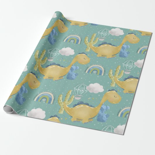 Schattigee dinosaurus en cactus Baby shower Cadeaupapier (Uitgerold)