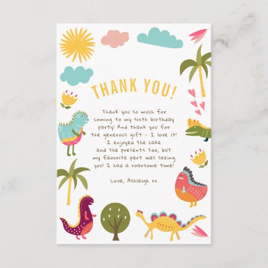 Schattigee dinosaurus genderneutraal verjaardagsfe bedankkaart (Voorkant)