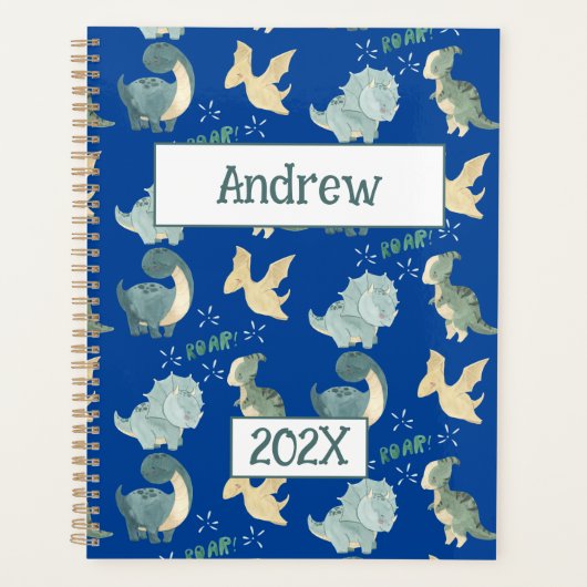 Schattigee dinosaurus gepersonaliseerd blauw 2024  planner (Voorkant)