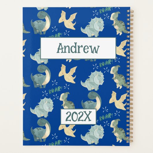 Schattigee dinosaurus gepersonaliseerd blauw 2024  planner (Achterkant)