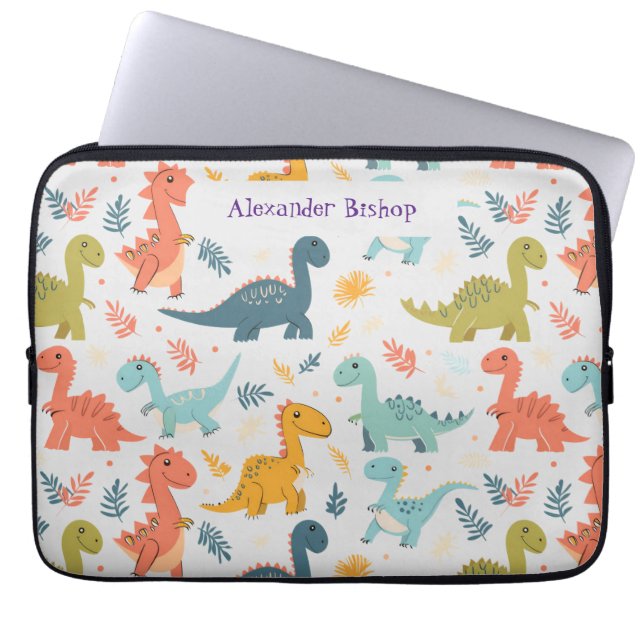 Schattigee dinosaurus gepersonaliseerd laptop sleeve (Voorkant)