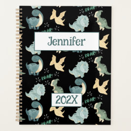 Schattigee dinosaurus gepersonaliseerd zwart 2024  planner