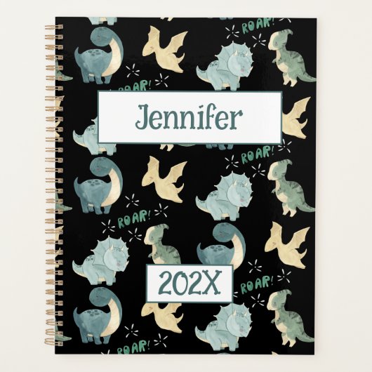 Schattigee dinosaurus gepersonaliseerd zwart 2024  planner (Voorkant)