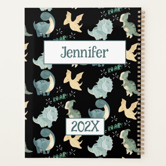 Schattigee dinosaurus gepersonaliseerd zwart 2024  planner (Achterkant)