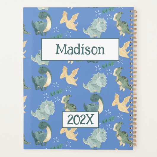 Schattigee dinosaurus gepersonaliseerde lichtblauw planner (Achterkant)