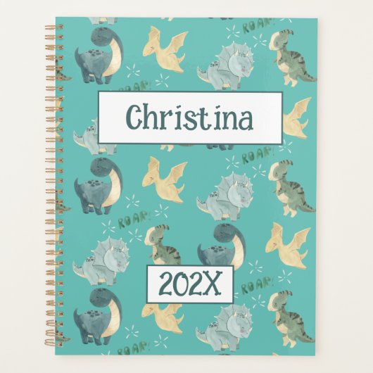 Schattigee Dinosaurus Gepersonaliseerde Lichtgroen Planner (Voorkant)