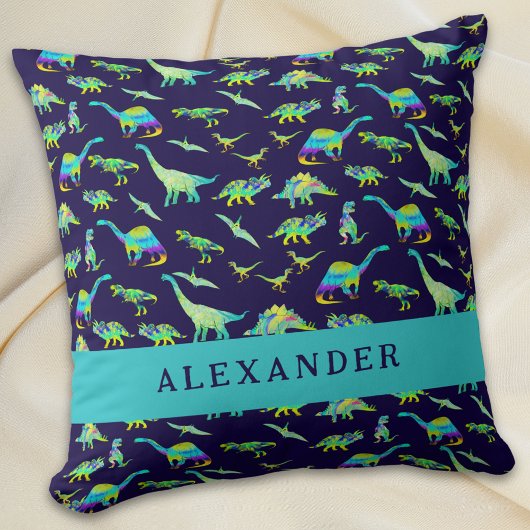 Schattigee dinosaurus gepersonaliseerde naam blauw kussen