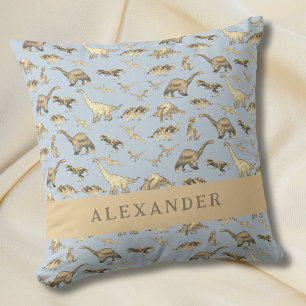 Schattigee dinosaurus gepersonaliseerde naam blauw kussen