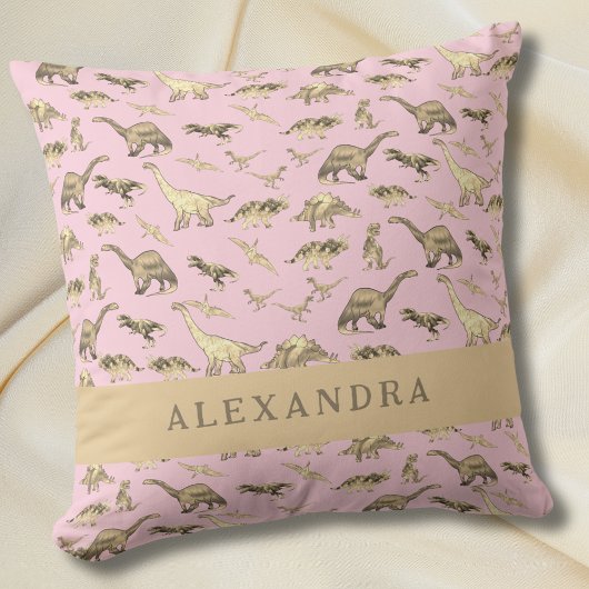 Schattigee dinosaurus gepersonaliseerde naam roze kussen