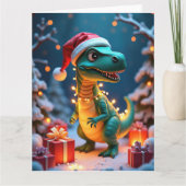 Schattigee dinosaurus gewikkeld in licht kerstscèn kaart (Voorkant)