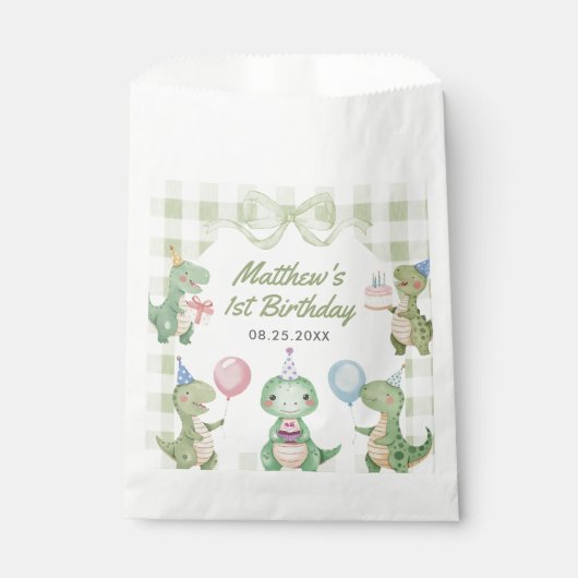 Schattigee dinosaurus Gingham 1e verjaardagsfeest Bedankzakje (Voorkant)