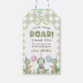 Schattigee dinosaurus Gingham 1e verjaardagsfeest Cadeaulabel (Achterkant)