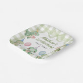 Schattigee dinosaurus Gingham 1e verjaardagsfeest Papieren Bordje (Gebogen)