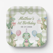 Schattigee dinosaurus Gingham 1e verjaardagsfeest Papieren Bordje (Voorkant)
