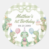 Schattigee dinosaurus Gingham 1e verjaardagsfeest Ronde Sticker (Voorkant)