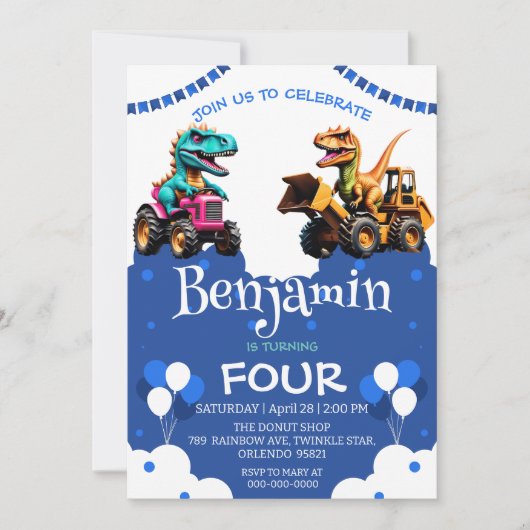 Schattigee dinosaurus graafmachine trekker ballon  (Voorkant)