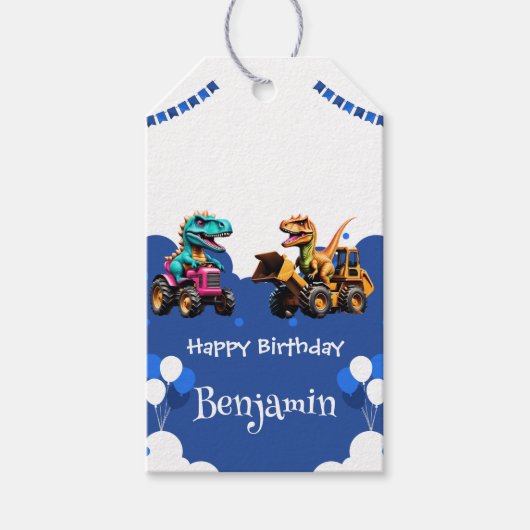 Schattigee dinosaurus graafmachine trekker ballon cadeaulabel (Voorkant)