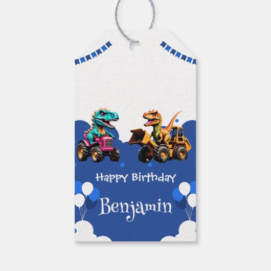 Schattigee dinosaurus graafmachine trekker ballon  cadeaulabel (Achterkant)