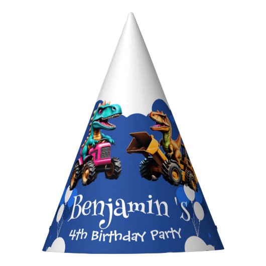 Schattigee dinosaurus graafmachine trekker ballon feesthoedjes (Voorkant)