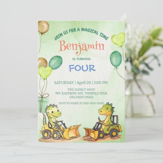 Schattigee dinosaurus graafmachine trekker ballon  kaart (Staand voorkant)