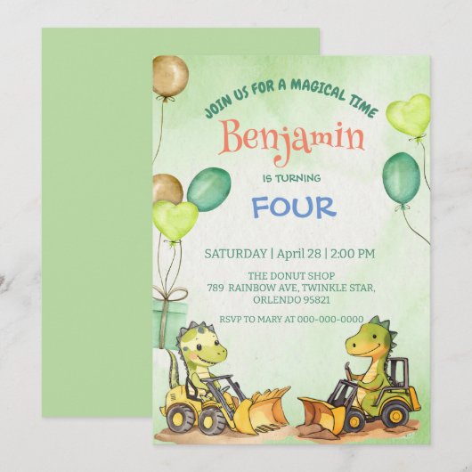 Schattigee dinosaurus graafmachine trekker ballon  kaart (Voorkant / Achterkant)