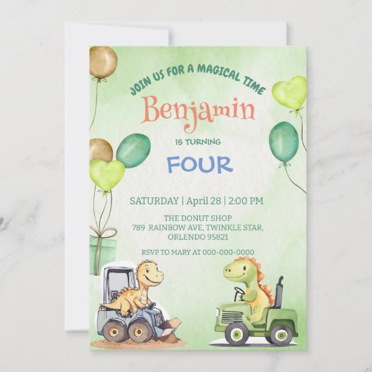 Schattigee dinosaurus graafmachine trekker ballon  kaart (Voorkant)