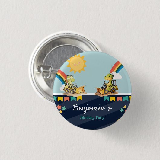 Schattigee dinosaurus graafmachine trekker regenbo ronde button 3,2 cm (Voorkant /achterkant)