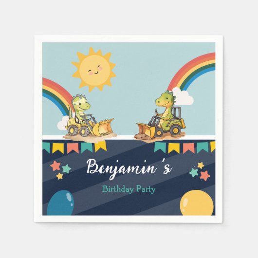 Schattigee dinosaurus graafmachine trekker regenbo servet (Voorkant)