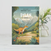 Schattigee dinosaurus groen 4e verjaardagsfeestje kaart (Staand voorkant)