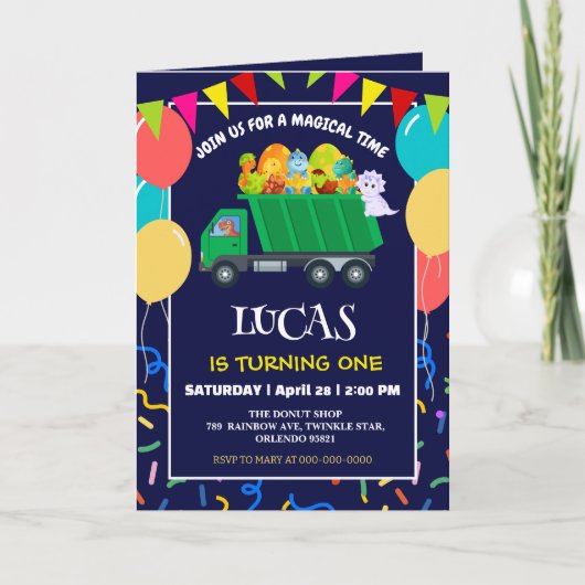 Schattigee Dinosaurus Groene vuilniswagen verjaard (Voorkant)