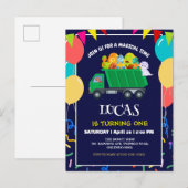 Schattigee Dinosaurus Groene vuilniswagen verjaard Uitnodiging Briefkaart (Voorkant / Achterkant)