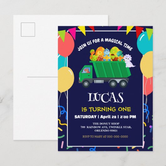 Schattigee Dinosaurus Groene vuilniswagen verjaard Uitnodiging Briefkaart (Voorkant / Achterkant)