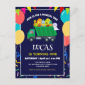 Schattigee Dinosaurus Groene vuilniswagen verjaard Uitnodiging Briefkaart (Voorkant)