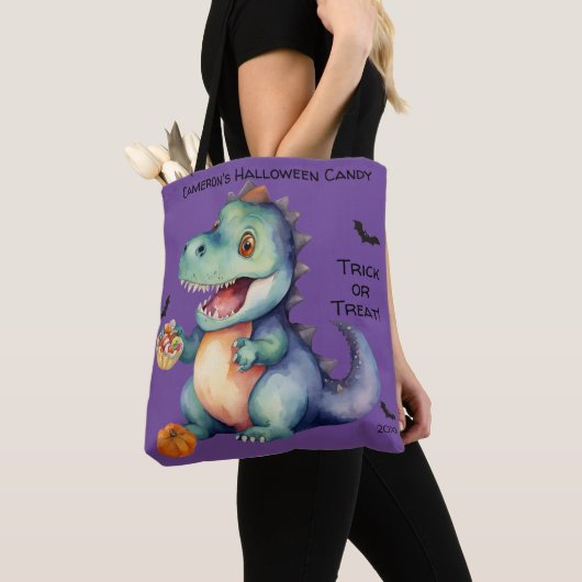 Schattigee Dinosaurus Halloween Snoep Tote Bag (Dichtbij)