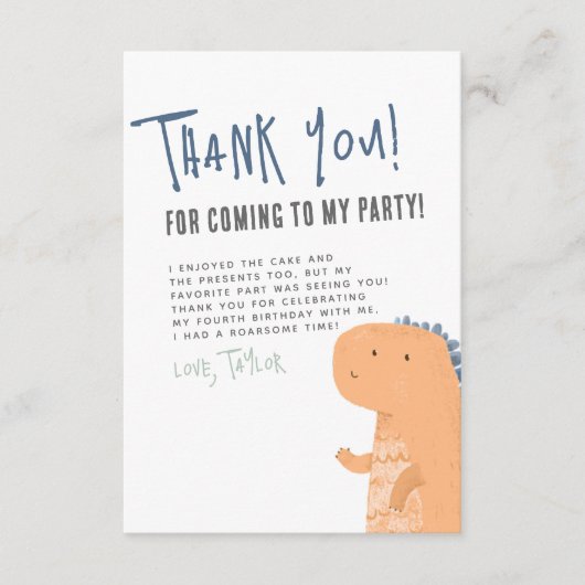Schattigee Dinosaurus Handschrift Jongen Verjaarda Bedankkaart (Voorkant)
