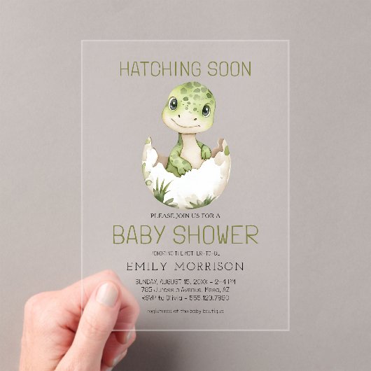 Schattigee Dinosaurus Hatching Soon Baby shower Acryl Uitnodigingen (Insitu (Draagbaar))