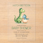 Schattigee Dinosaurus Hatching Soon Baby shower Acryl Uitnodigingen (Voorkant)